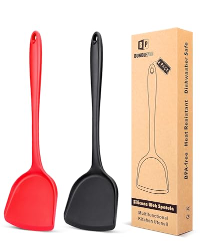 Pack of 2 Silicone Wok Spatula, Non-Stick, Heat Resistant, Easy to Clean and Dishwasher Safe, Seamless Kitchen Utensil for Cooking, Baking, Stir-Fry (Black-Red)