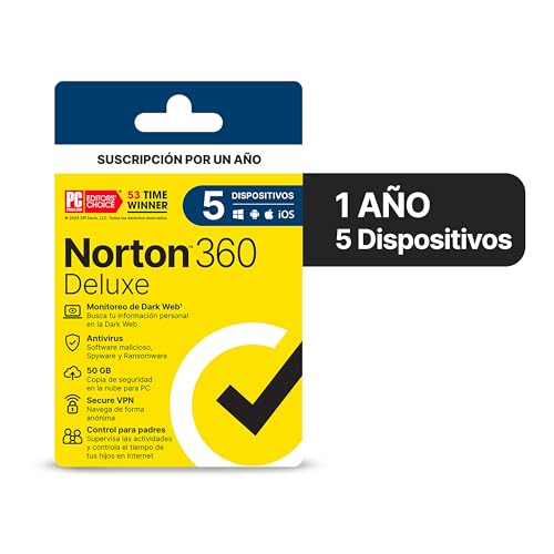 Norton 360 Deluxe - Software Antivirus para 5 Dispositivos con VPN, Copia de Seguridad de 50GB para PC, Control Parental y más [Windows, MacOS, Android, iOS] [Edición de América Latina y Caribe]