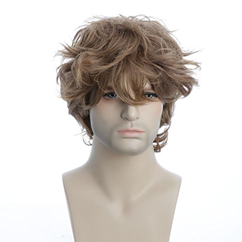 Karlery 7 Inches New Handsome Short Curly Men Fluffy Brown Cosplay Wig with Bangs Halloween Party Cosplay Hair Wig