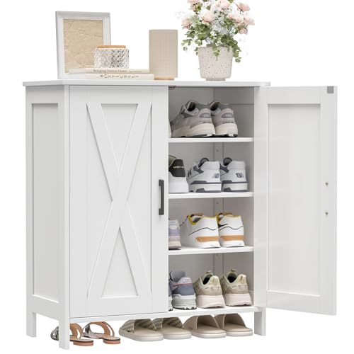 Homleke Farmhouse Shoe Cabinet with 2 Barn Doors & Wood Legs | Tall 4-Tier Shoe Storage Cabinet, 3 Adjustable Shelves, Shoe Rack Organizer, for Entryway, Hallway, Closet, White