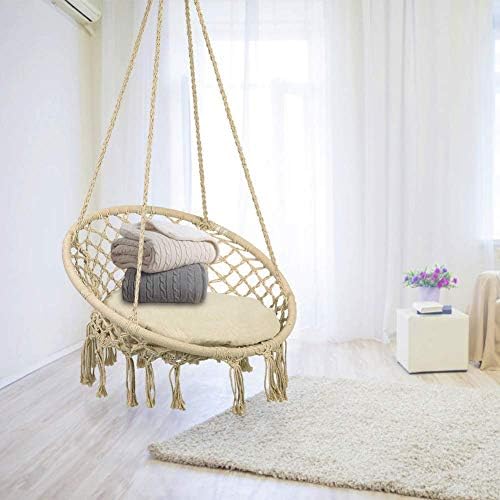 Cocoarm hängstol med stång hängstol beige gunga hängstol barn gunga inomhus  utomhus twist rep och tofs hängsäte till balkong terrass hus trädgård max  135 kg: Amazon.se: Home