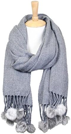 Women's Winter Warm Solid Oblong Scarf with Pom Pom Fringe (Grey)