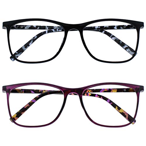 OPULIZE Arc Reading Glasses 2 Pack Stylish Slim Square Frame Spring Hinges Scratch Resistant Black Purple Patterned Arms Mens Womens RR66-15 +2.50