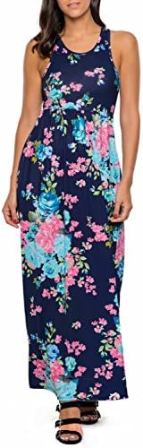 Wisdoy Women's Floral Print Racerback Sleeveless Pocket Long Maxi Casual Boho Dress (XL, Navy)
