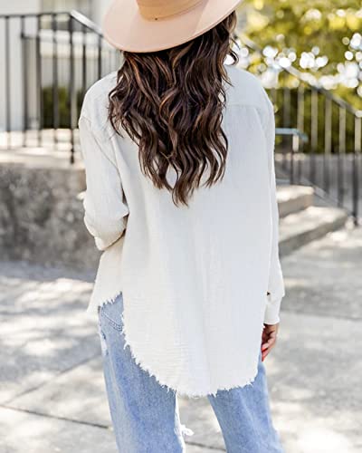 IGENJUN WHITE BUTTON DOWN FLANNEL SHIRT WOMEN TOPS FOR WOMEN CASUAL TOPS LONG SLEEVE LINEN SHIRTS TEACHER TOPS BOHO SHIRTS BLOUSE TOPS SUMMER FALL FASHION TRENDY OUTFITS 2024,S,WHITE