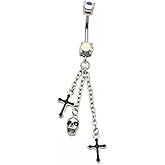 Pierced Owl 14GA 316L Stainless Steel Aurora Borealis CZ Crystals with Dangling Crosses and Skull Belly Button Ring