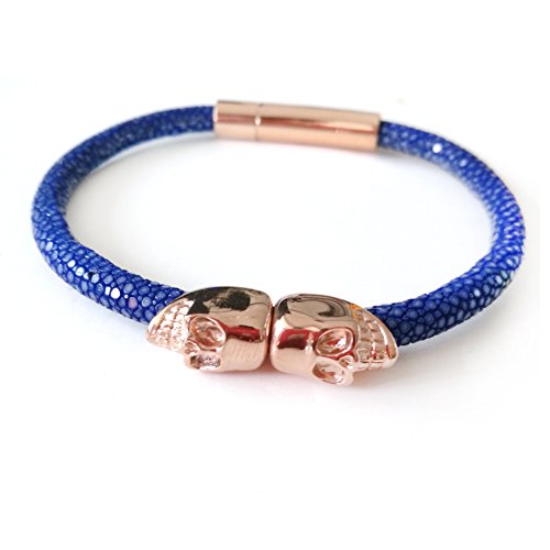 BeiChong Stainless Steel Twin Skull Bracelets Bangles Genuine Stingray Leather Jewelry (blue rose gold) BeiChong Stainless Steel Twin Skull Bracelets Bangles Genuine Stingray Leather Jewelry (blue rose gold)