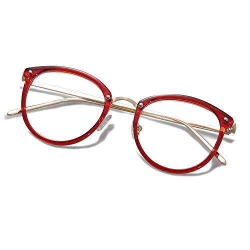 Amomoma Round Non-Prescription Eyeglasses Clear Lens Glasses Eyewear Frame A5001 with Red Frame/Clear Lens