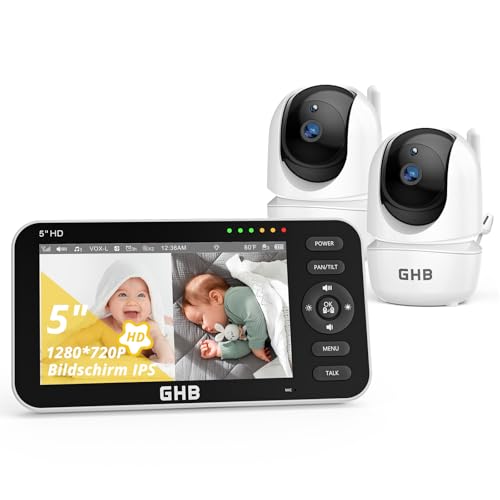 GHB Baby Monitor with 2 Cameras 5 Inch 720P HD Display with up to 168 Hours Battery Life in VOX Sleep Mode Split Screen Display Night Vision 4X Zoom Swivelling