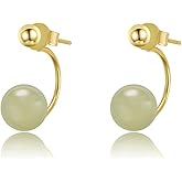 LOOYUUPEE Natural Hetian Jade Earrings for Women, Dainty Lucky Green Real Jade Charm Pendant Ear Jewelry Studs, Handmade Ear Stud Earrings Gift for Mom Lover Her (925 Sterling Silver with Gold Plated)