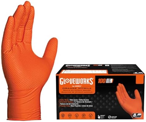 GLOVEWORKS HD Industrial Orange Nitrile Gloves with Raised Diamond