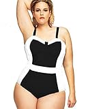 HDE Women's Retro One Piece Swimsuit Plus Size Padded Halter Vintage Swimsuit (Black-White Monokini, X-Large)