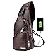 Lucien Hanna Men's Vintage Leather Sling Bag Shoulder Messenger Crossbody Pack with USB Charge Port Casual Bag Dark Brown
