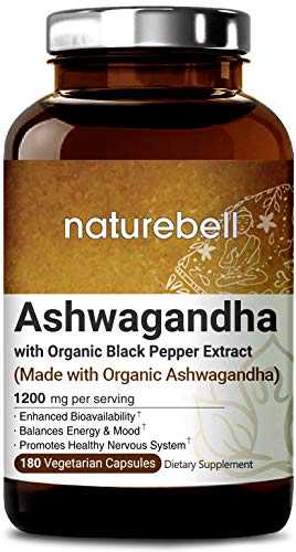 Maximum Strength Organic Ashwagandha 1,200 mg, 180 Veg Capsules with Black Pepper Extract, Powerfully Supports Healthy Nervous System and Mood, Non-GMO, Vegan Friendly and Made in USA