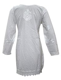 Mogul Women's White Tunic Dress Cotton Floral Embroidered Kurta Top