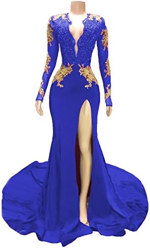 Graceprom Women's Black Long Sleeves Prom Dress Gold Appliques Mermaid Evening Dress