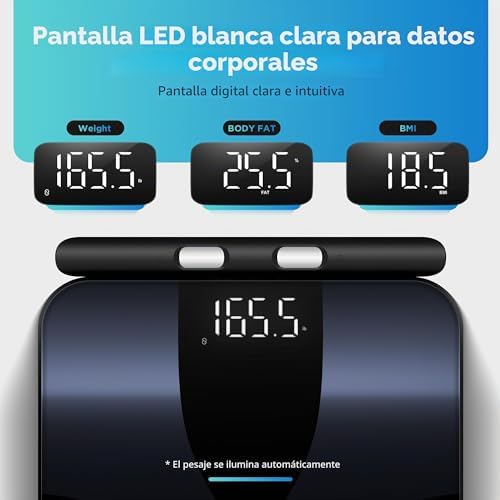 Báscula de Baño Inteligente 8 Electrodos, Báscula Grasa Corporal y Muscular con 28 Indicadores (IMC/Grasa/Proteínas/Músculo) y App Bluetooth, Función de Voz, 180 kg