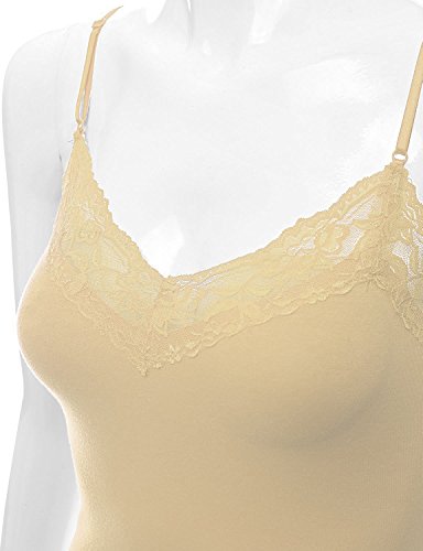 RT1004 Ladies Adjustable Spaghetti Strap Lace Trim Long Tunic Cami Tank Top Taupe S - Thumbnail 4