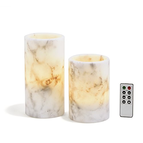 Marble Flameless Large Pillar Candles, Set of 2, Warm White LEDs, Black & White Wax Blend, Remote and Batteries Included