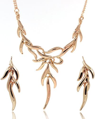 Rose Gold Leaf Pendant Necklace and Drop Earrings Jewelry Set 18 Inch Ball Chain