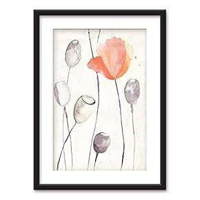Framed Wall Art - Watercolor Style Poppy Pods Flower - Black Picture Frames White Matting - 23x31 inches