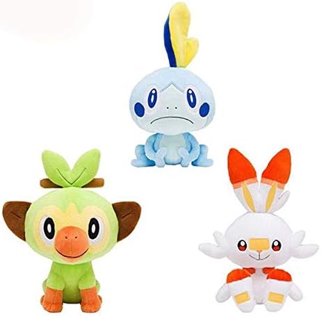 Juantin Store Stuffed Animal Sword Shield Gosanke Sobble Grookey Scorbunny Plush Toys Monkey Rabbit Cartoon Game Dolls for Kids Children Gift-3 in 1-20 cm
