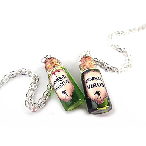 Zombie Friendship Necklace Set Glass Bottles Green Liquid Shimmer Zombie Antidote and Zombie Virus Clothing, Shoes & Jewelry, Women, Jewelry, Necklaces, Pendants