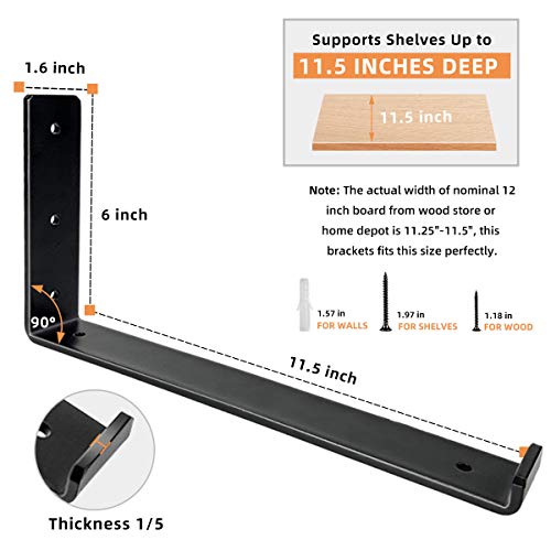 Shelf Brackets 12 Inch, Heavy Duty Black Metal Floating Shelf Bracket