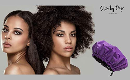 Large Satin Lined Shower Cap- Adjustable, Waterproof, Satin Interior for Hair Protection, Designed for Large, Long, or Natural, Hair, Reusable Cap by Glow by Daye (Purple/Black)