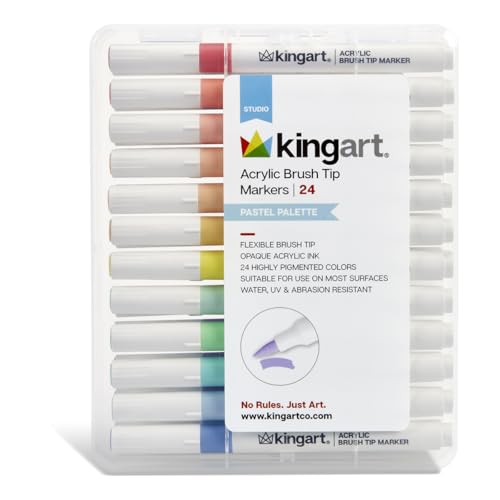 KINGART 24-Piece Pastel Acrylic Paint Brush Tip Marker Set – Flexible Fiber Bru…