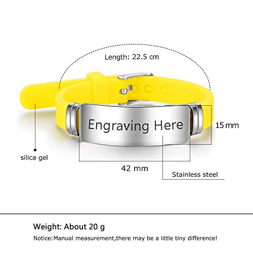 Lam Hub Fong Free Engraving 9 Inches Silicone Adjustable Medical Bracelets Sport Emergency ID Bracelets for Men Women Kids Waterproof Stainless Steel Rubber Alert Bracelets (Yellow)