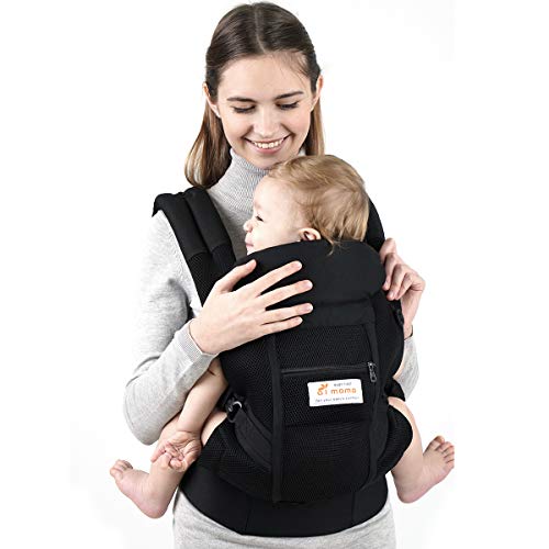 Baby Carrier, 5-in-1 Convertible Carrier Ergonomic, Soft Breathable Mesh Cmfortable, Front and Back Carrier, with Head Support, Padded Shoulder Strap (Black)