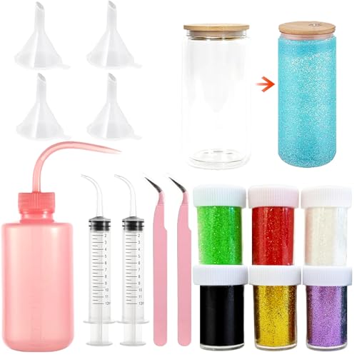 Newivi 15-Piece Snow Globe Tumbler DIY Supplies with 6 Colors Fine Glitter & 4 Funnels & 2 Bent Tweezers - Glitter Cup Craft Tools, Includes Spray Bottle, Syringes for Home Crafts (Cups Not Included)