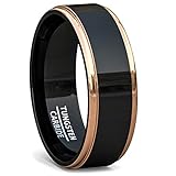 Duke Collections 8mm Tungsten Ring Rose Gold Step Edge Black Polished Comfort Fit