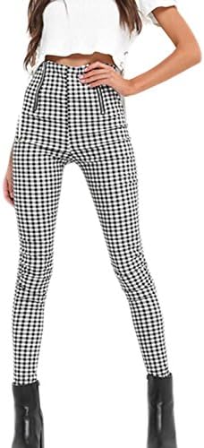 Women's Pencil Pants Vintage High Waist Zip up Checkered Trousers