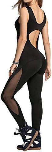 Women Sexy Tight Yoga Dance Sports Jumpsuit Sleeveless Backless Hollow Out Sport Romper Playsuit (M)