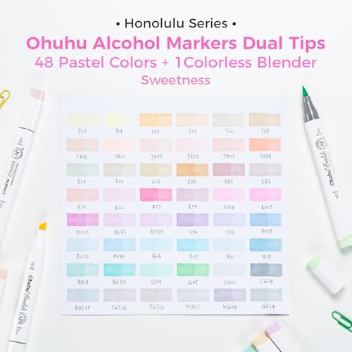 Ohuhu Marcadores Pastel Punta Pincel - 48 Colores Pastel Doble Punta, Set de Marcadores Honolulu Sweetness para Artistas Adultos Colorear Bocetos Ilustración - Pincel y Cincel