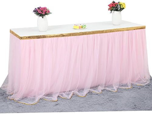 3 Yards Handmade Gold Brim Top 3 Layers Fluffy Tulle Tutu Table Skirt Mesh Tableware For Party Wedding Birthday Home Decoration (30in Hx3yd L, Pink)