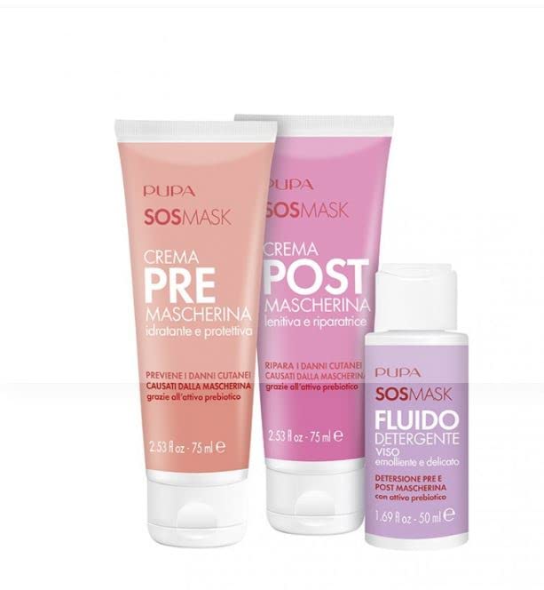 PUPA, SOS mask set (cream pre mascherina 75 ml + cream post mascherina 75 ml + fluido detergente 50 ml), 1 set.