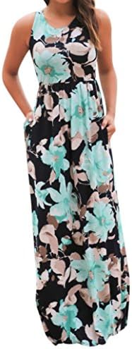 WowPower Maxi Dress with Pockets, Newest Fashion Trend Special Design, Sexy Women Sleeveless Floral Print Maxi Dress with Pockets (M, Blue)