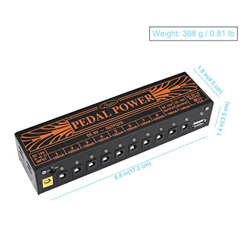 Rowin - PW-1 - Fuente de alimentación para pedal de guitarra con 10 salidas de CC aisladas para pedales de efectos de bajo y guitarra, de 9 V, 12 V y 18 V, con puerto de carga USB