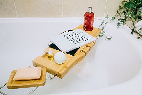 Bamboo Bath Tub Tray Caddy: Luxury Bathtub Tray with Wine Glass Holder, Book Stand & Phone, iPad Tablet Rest. Wooden Spa Bath Accessories for a Relaxing Bubble Bath for Women & Men