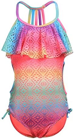 LEINASEN Little/Big Kids Beach Ruffle Mesh Swimsuits One Piece Bathing Suits for Girls Size 7-16