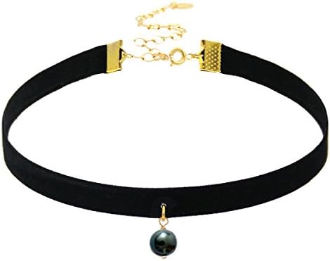 Choker Necklace Velvet Ribbon with Black Fresh Water Pearl and 18K Gold Plated Closure.Length: 12" with 4" extender.Width: 10 mm.Pearl Size: 8mm.