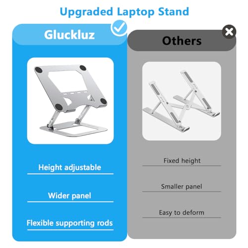 Gluckluz Adjustable Laptop Stand for Desk Ergonomic Laptop Riser Aluminum Notebook Holder Foldable Computer Elevator Compatible with 11" to 17.3" MacBook Pro/Air, Tablet (Silver)
