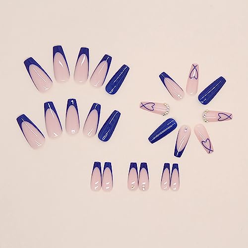 BABALAL Coffin Press on Nails Long Fake Nails Blue French Tip Heart Glue on Nails Rhinestone Ballerina Acrylic Nails for Women and Girls 24Pcs Valentines Nails Press on - Image 3
