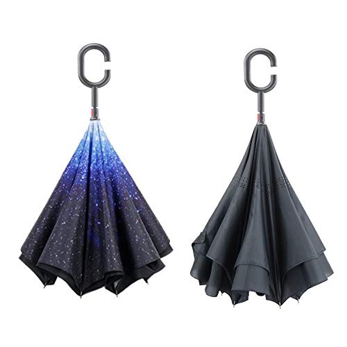 PFFY 2 PACKS 48 Inch Inverted Umbrella Double Layer Reverse Folding Umbrella Windproof for Car Golf Umbrella Black + Star