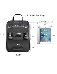 PALMOO organizador de cuero sintético y soporte para iPad Mini para asiento de automóvil, uso Universal para automóvil para asiento trasero Organizador para niños, botellas de almacenamiento, caja de pañuelos de papel, juguetes   (1 unidad, color negro),