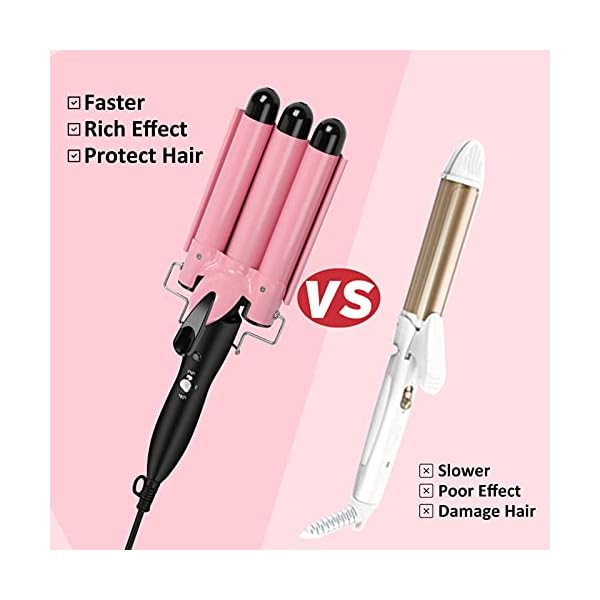 Hair-WaverHair-crimpersTongs-with-Heat-Resistant-Glove3-Barrels-Hair-Curling-26mm-Iron-Wand-for-Long-Hair-Hot-Pressing-Styling-Tool-for-Woman-Crimp-Hair-with-2-Temperature-Mode-Control-Pink Hair Waver,Hair crimpers/Tongs with Heat-Resistant Glove,3 Barrels Hair Curling 26mm Iron Wand for Long Hair, Hot…