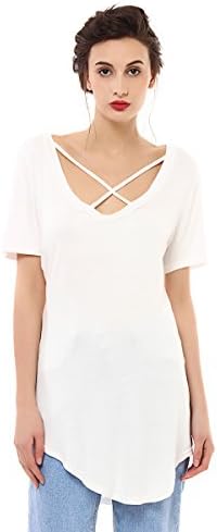 Women T Shirt Summer Sexy Criss Cross Long Loose Casual Tops Cross Tie O-neck Short Sleeve Blouse (M, White)